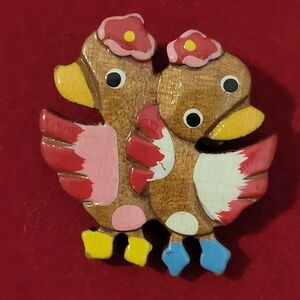 Vintage Hand Painted Duck Brooch Wood Cut Pair of Ducklings